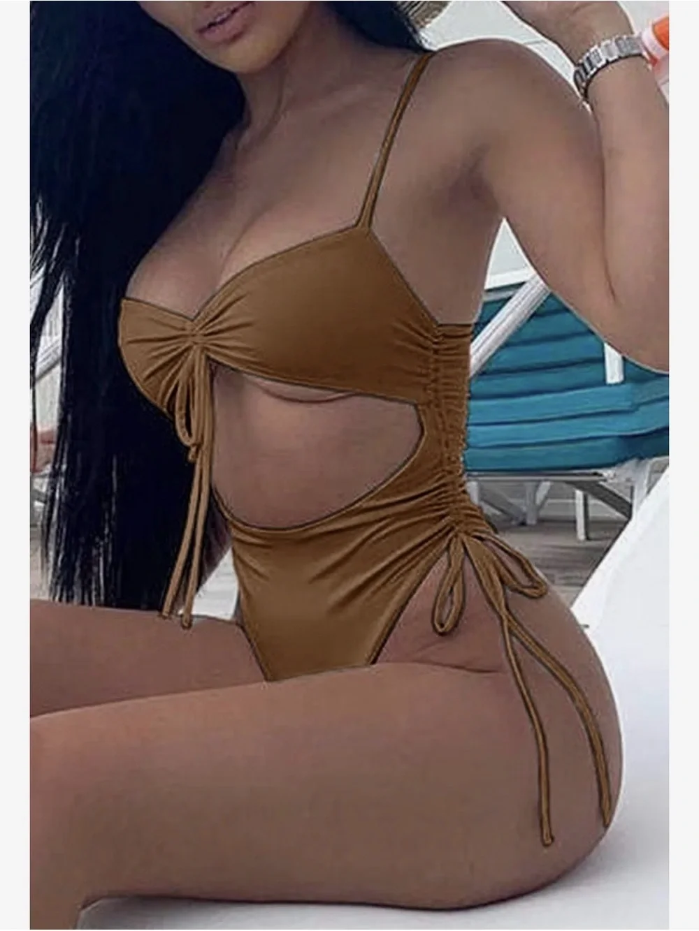 Brown Cutout Tie-Front One-Piece Swimsuit